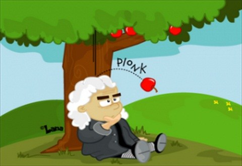 Isaac Newton with apple falling from tree onto his head